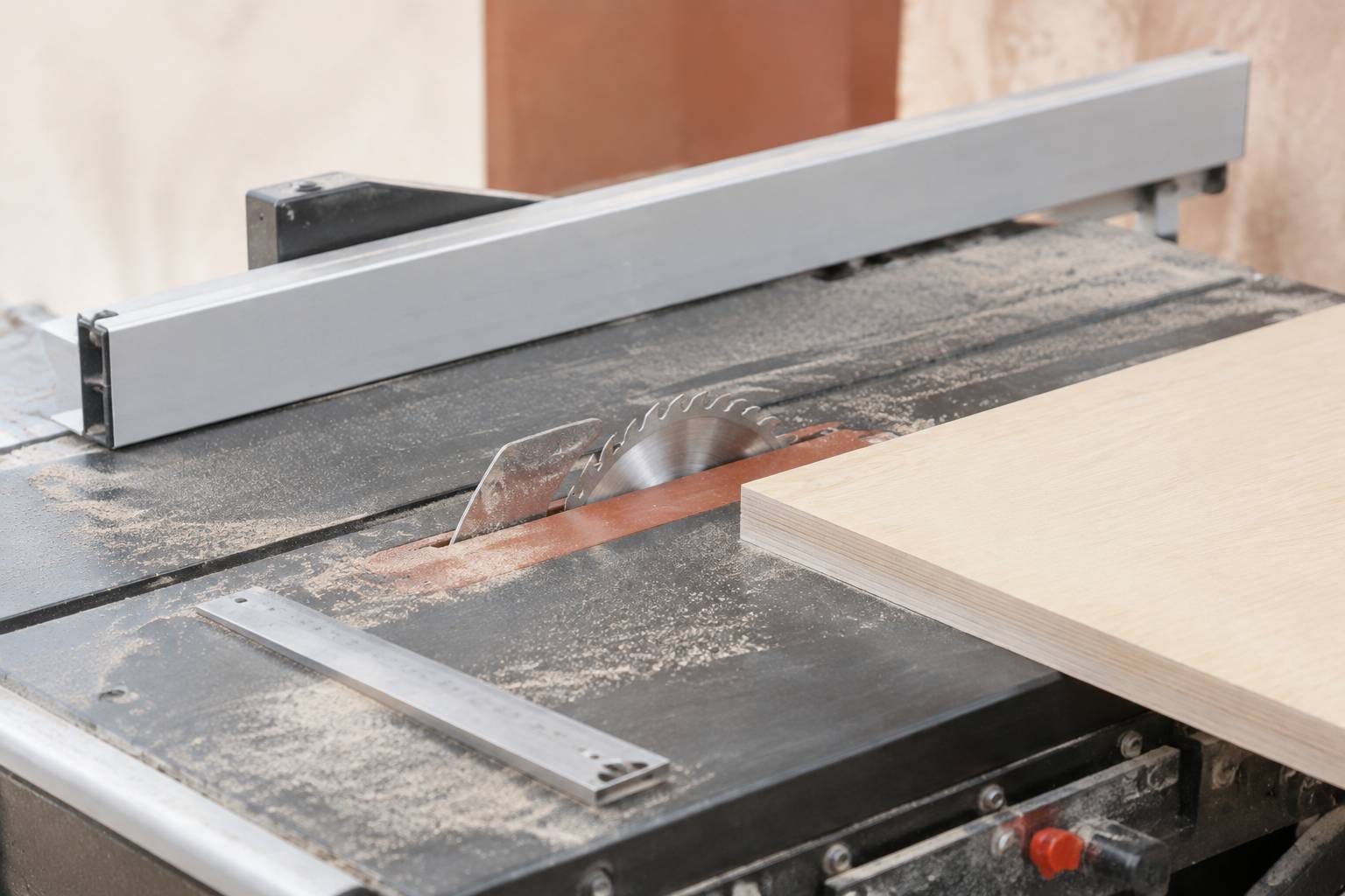 Table de scie circulaire avec guide parallèle et lame carbure pour une coupe précise