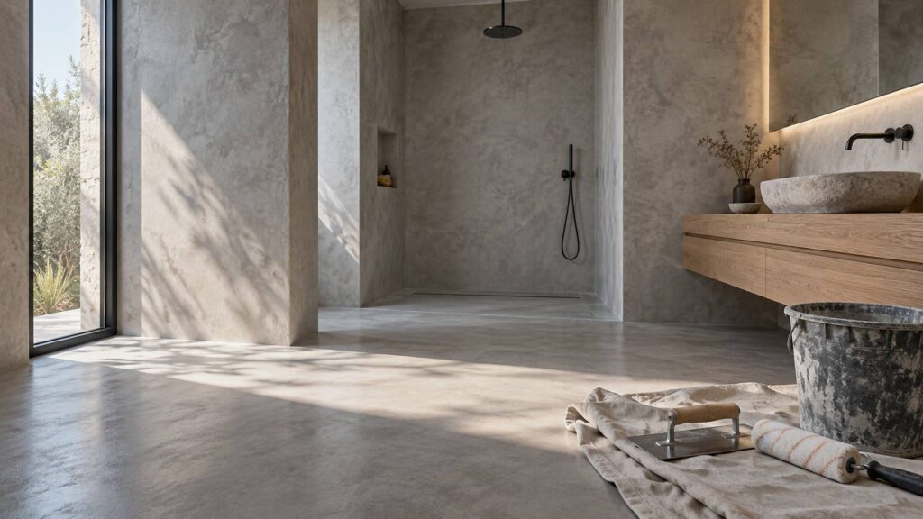 Salle de bain en béton ciré gris clair avec douche à l'italienne et outils de pose