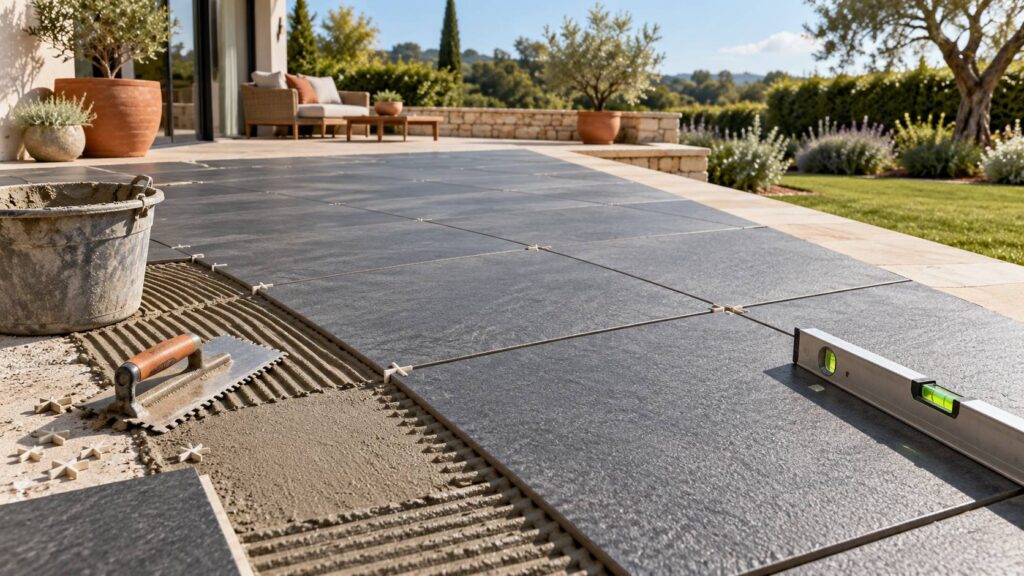 Carreaux de grès cérame antidérapants en cours de pose sur une terrasse, avec truelle et niveau