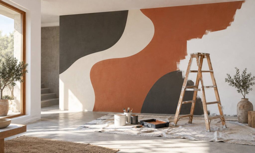 Fresque murale décorative en cours de réalisation sur un mur intérieur avec matériel de peinture