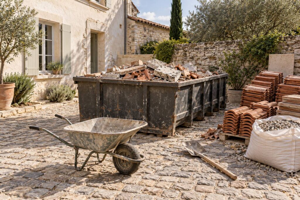 Benne de chantier remplie de gravats tries dans une cour pavee devant une maison en renovation