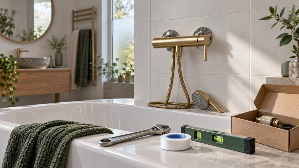Mitigeur de douche apparent en laiton brossé fixé sur une faïence blanche mate