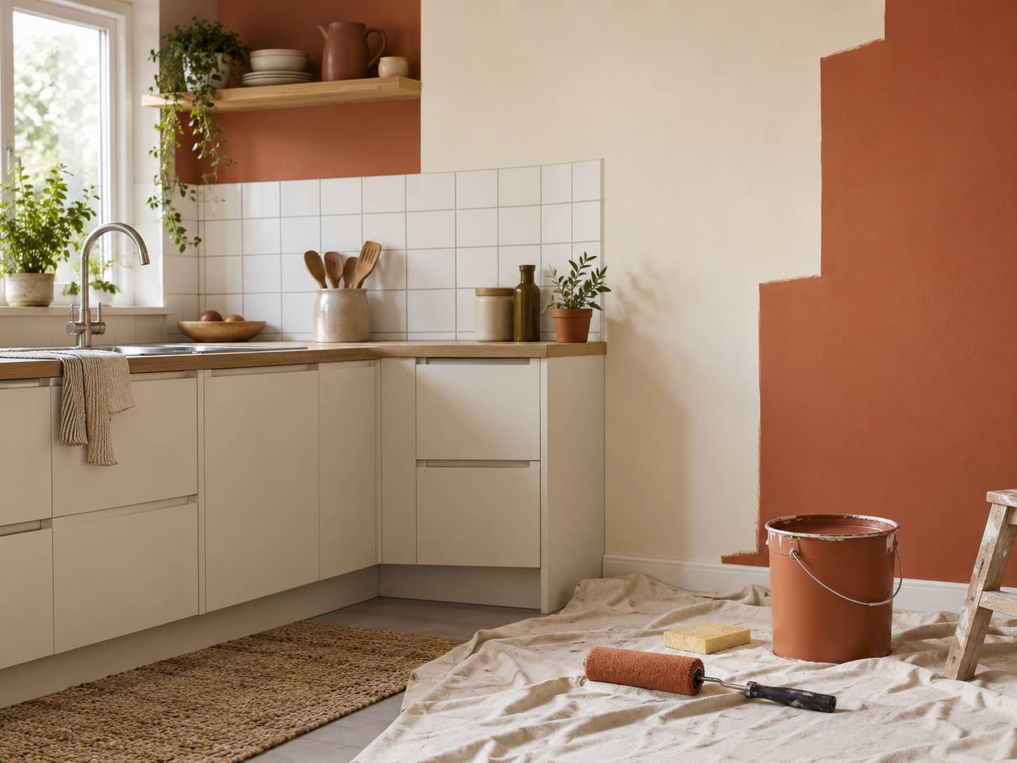 Mur de cuisine satine et credence carrelee avec materiel de peinture