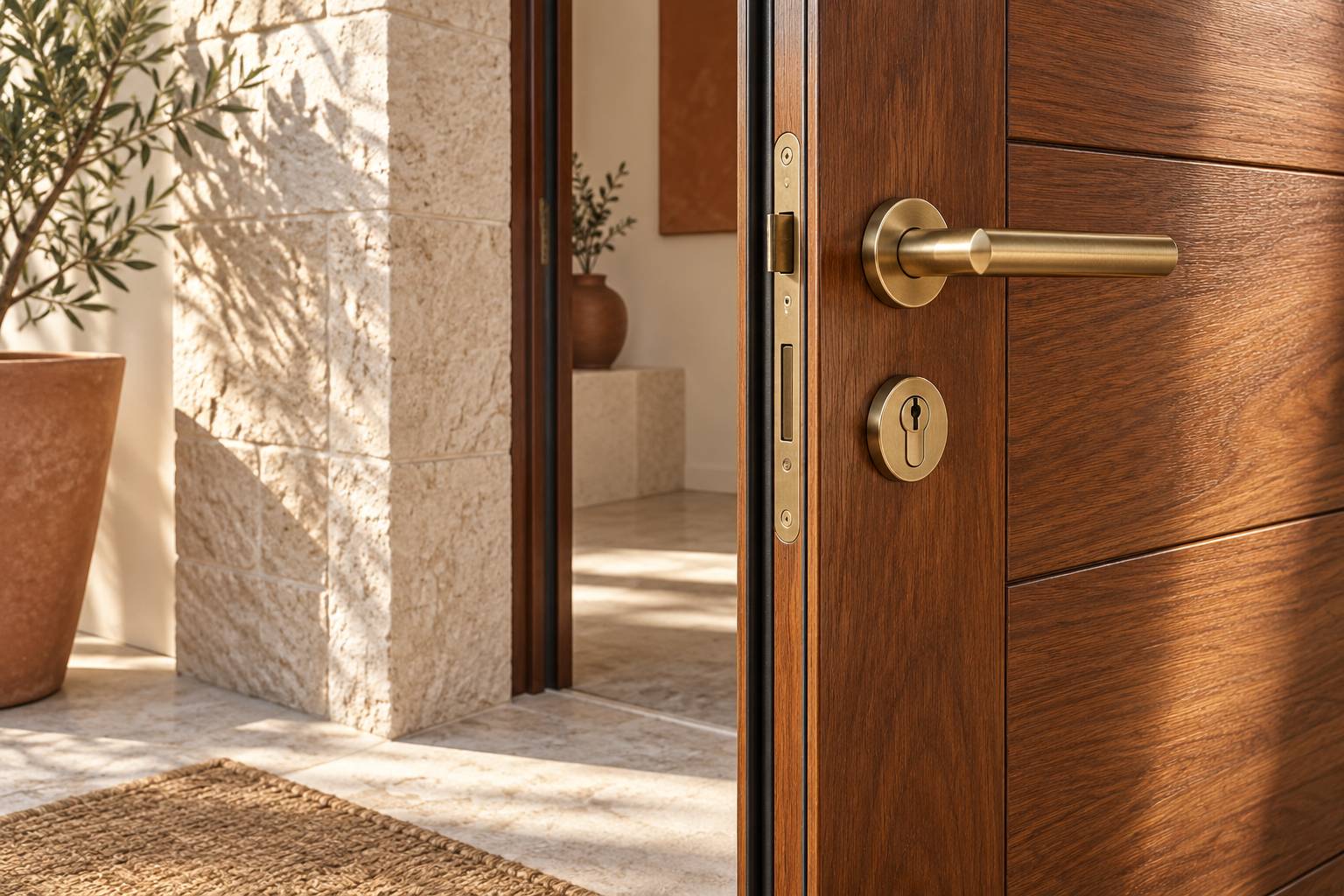 Detail d'une porte d'entree en bois avec joint d'etancheite et serrure en laiton