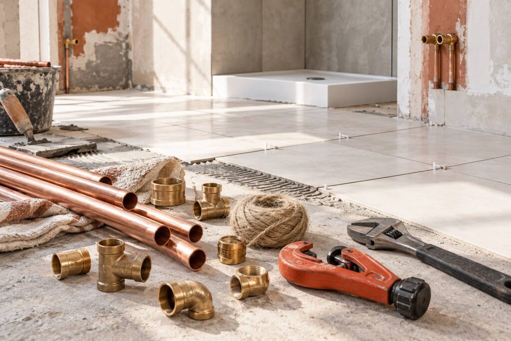 Tubes de cuivre et raccords en laiton avec pince coupe-tube sur un chantier