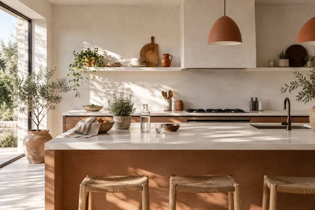 Cuisine claire et propre avec plante aromatique et corbeille de fruits